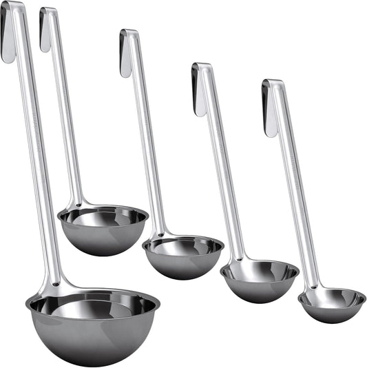 Sturdy, Ergonomic Combo Sizes Ladles 5 Pk. 1 2 4 6 8 Oz Stainless Steel Ladle with Long Handles. Best Kitchen Supplies for Stirring, Portioning and Serving Soup, Chili and Stew in Restaurants and Home