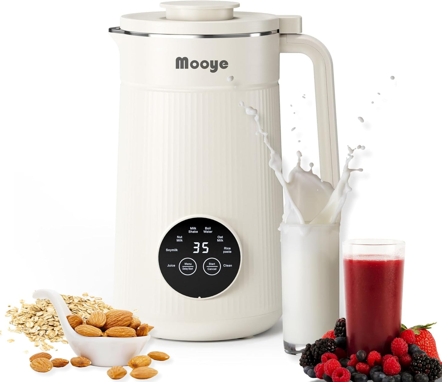 Mooye 8 in 1 Automatic Nut Milk Maker Machine, 35oz Multi-Functional Soy Milk Maker with 10 Blades, Plant-Based, Oat, Almond, Dairy Free Beverages with 12h Timer, Heating, Auto-clean, Keep Warm 2h