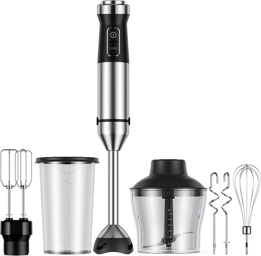 6-in-1 Immersion Blender, 1000W Hand Blender with 20 Speeds, Scratch-Resistant Stick Mixer with Whisk, Chopper, Beaker, Egg Beaters & Dough Hooks – Heavy Duty Hand Mixer, Black
