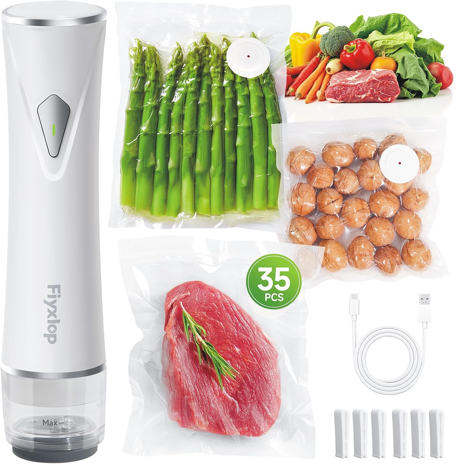 Handheld Vacuum Sealer, Premium Vacuum Sealer for Food + 35 Reusable Sous Vide Bags, Powerful Vacuum Food Sealer for Kitchen, Home, BBQ, Travel