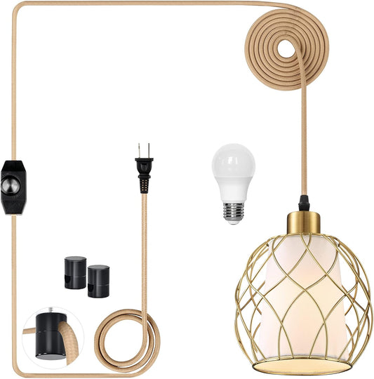 Ruzectt Plug in Pendant Light, Gold Hanging Lamp with Dimmable Switch, 15 ft Golden Cotton Cord, Hanging Light Fixture for Kitchen, Living Room, Bedroom (Bulb Included)