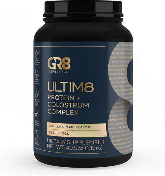 ULTIM8 Protein + Colostrum Complex | 25g Protein with Colostrum & MyHMB for Muscle Growth & Recovery | Whey Isolate, Casein & Concentrate Blend | Creatine-Enhanced Strength Formula (Vanilla Creme)