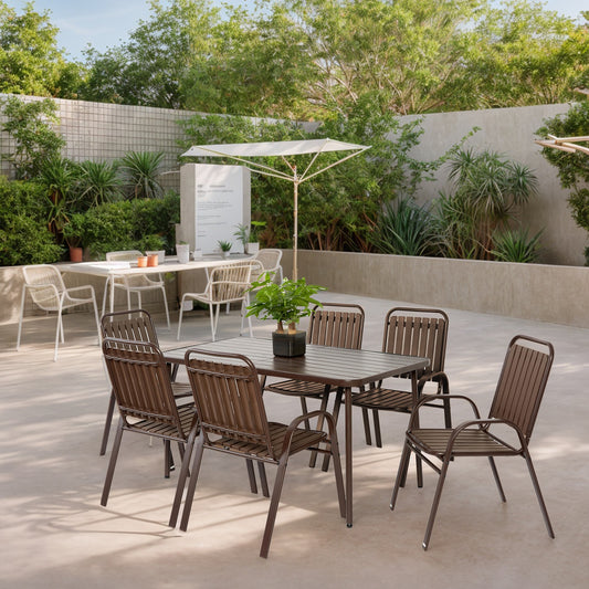 BABOOM Outdoor Dining Set 7 -Piece Brown Patio Dining Set Steel Rectangle Table with 6 Stationary Chairs