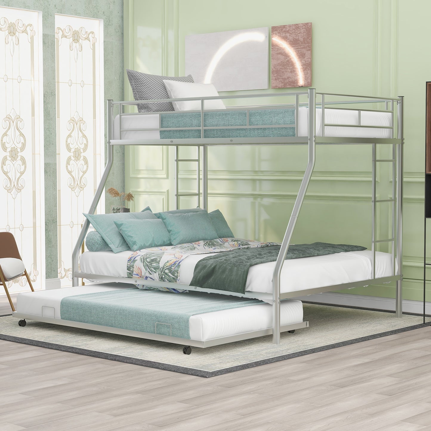ModernLuxe Twin over Full Bed with Sturdy Steel Frame Bunk Bed with Twin Size Trundle TwoSide Ladders Silver