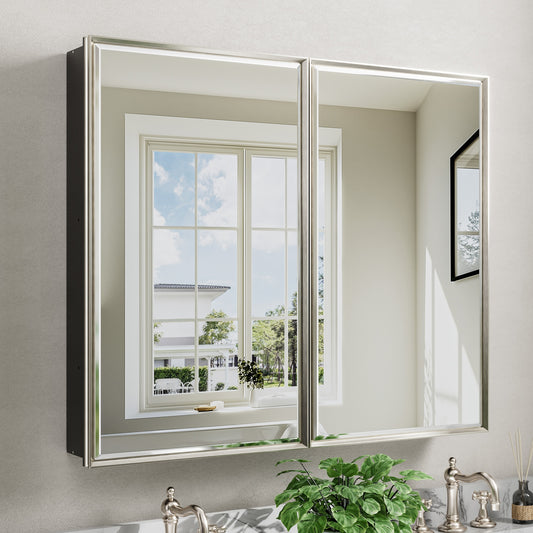 QueenFun Musey 40-in x 30-in Surface/Recessed Mount Brushed Nickel Mirrored Rectangle Soft Close Medicine Cabinet