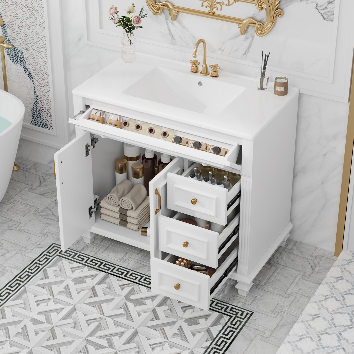 ModernLuxe 36inch Bathroom Vanity with Sink White Vanity Cabinet with FlipOut Drawer 3 Drawers 2 SoftClose Doors Solid Wood  MDF Elegant Gold Hardware