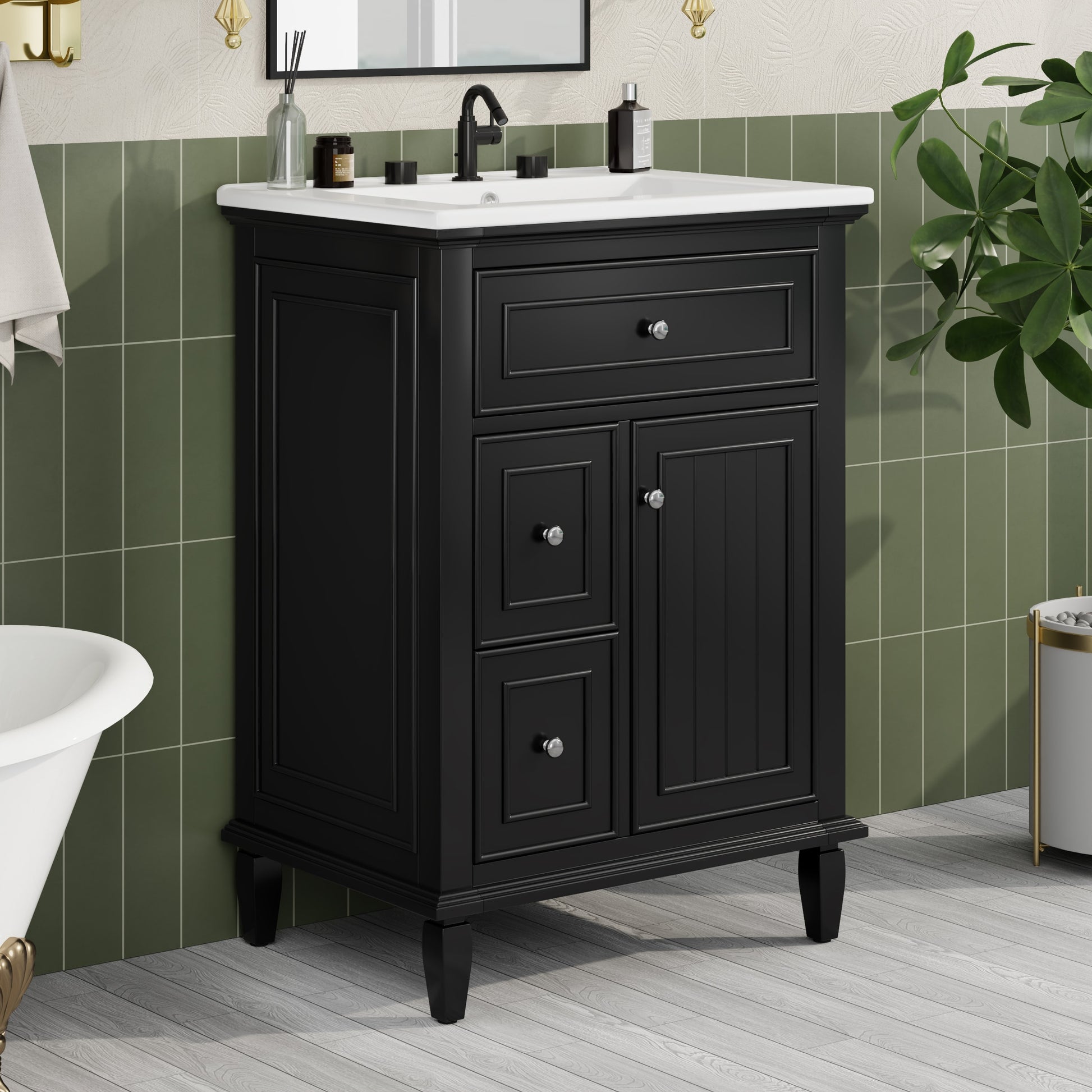 ModernLuxe 24inch Bathroom Vanity with Sink Bathroom Vanity Cabinet with One Flip Drawer and Two Drawers Adjustable Shelf Solid Wood and MDF Black
