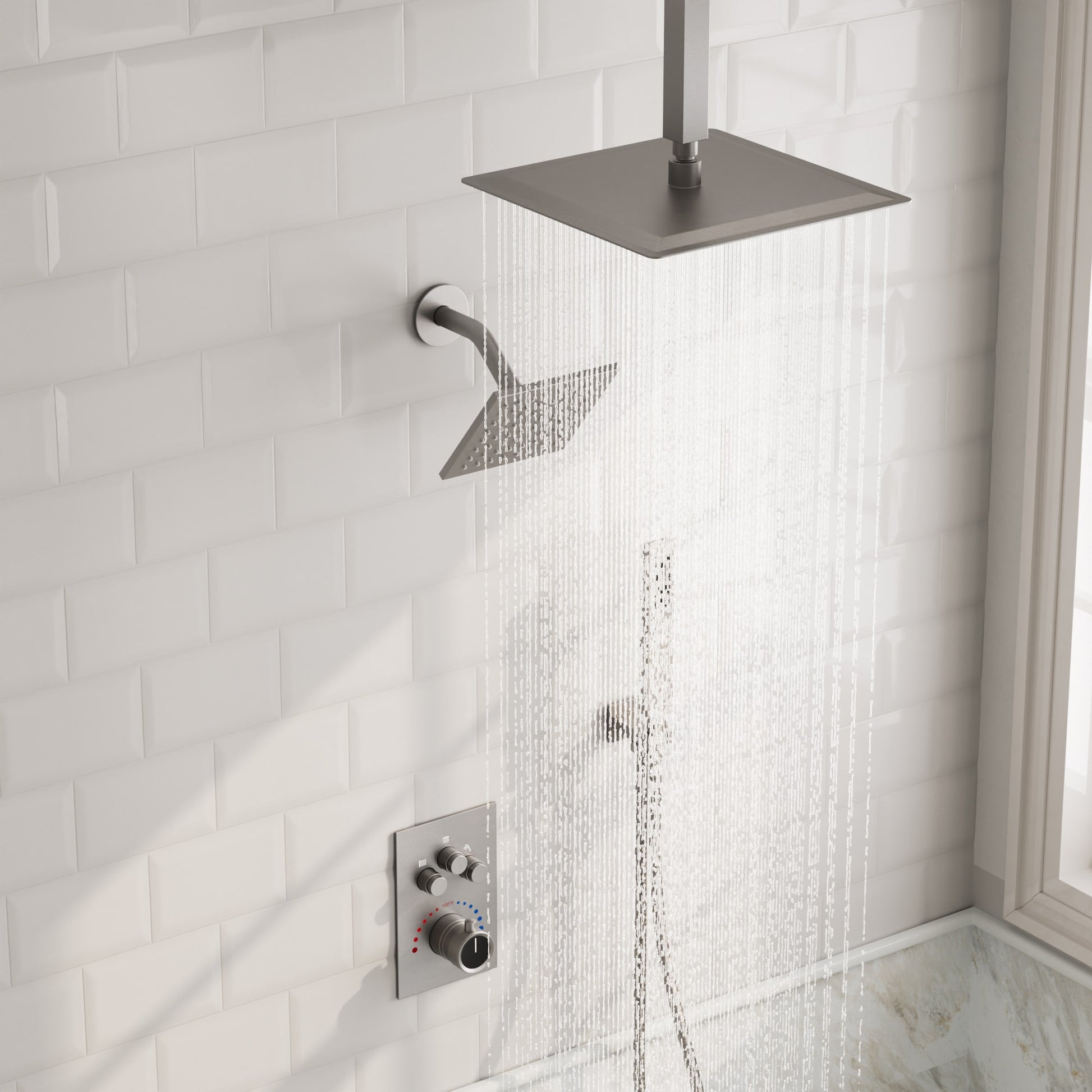 GRANDJOY ZenithRain Brushed Nickel 12-in Dual Head Built-In ShowerÂ FaucetÂ System with 3-way Diverter ( Thermostatic Valve Included )