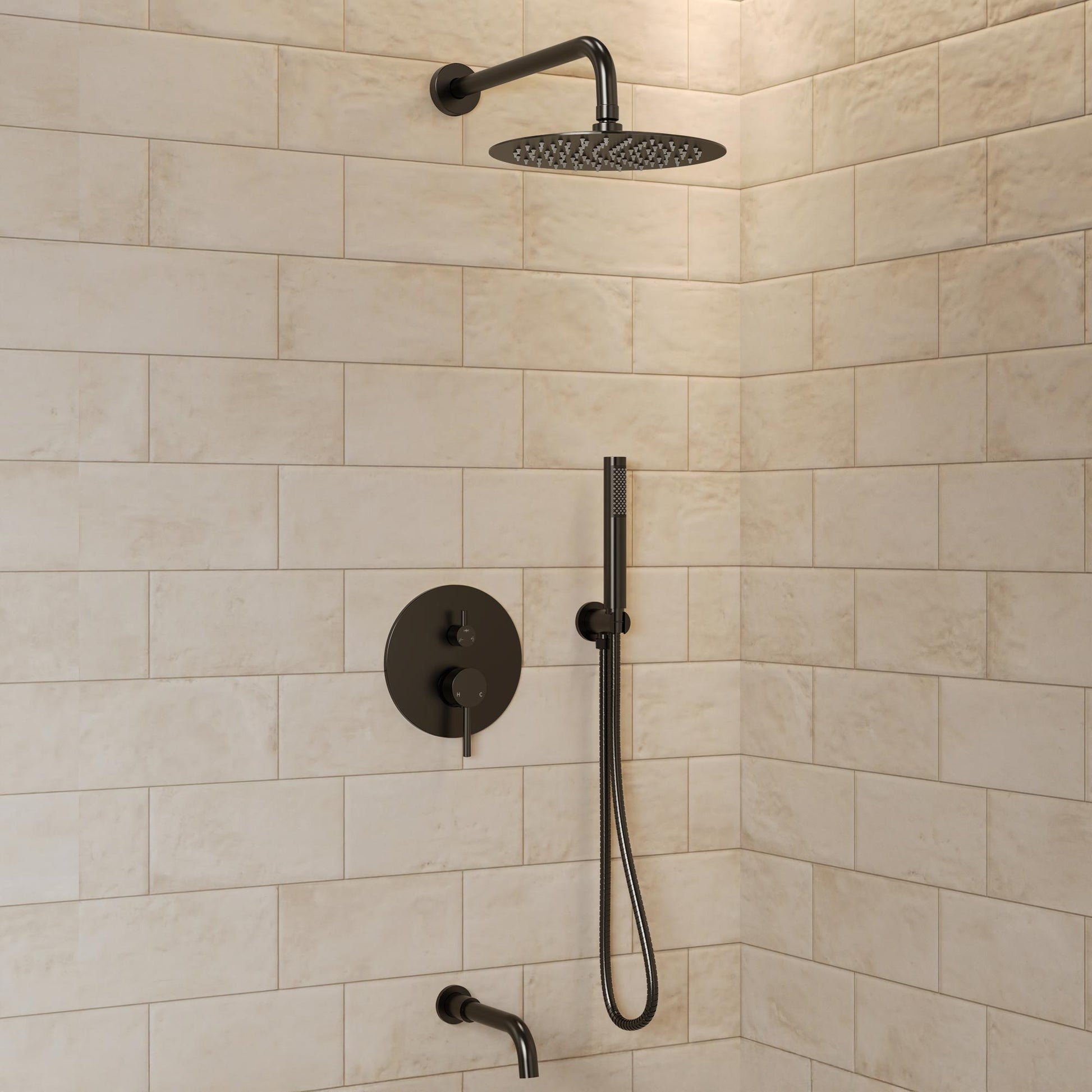 GRANDJOY Rainfall Matte Black 10-in Built-In ShowerÂ FaucetÂ System with 3-way Diverter ( Pressure-balanced Valve Included )