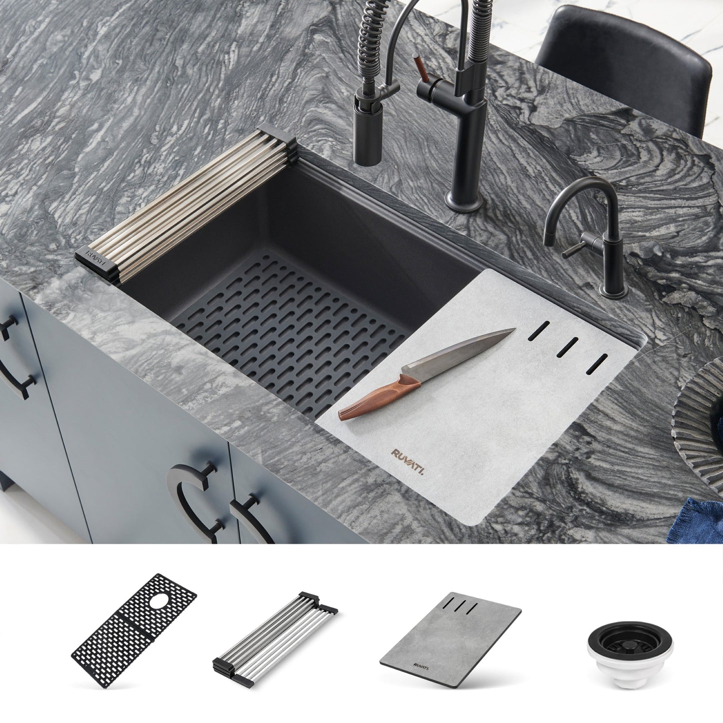 Ruvati epiStage Undermount 32-in x 19-in Granite Single bowl Workstation Kitchen Sink