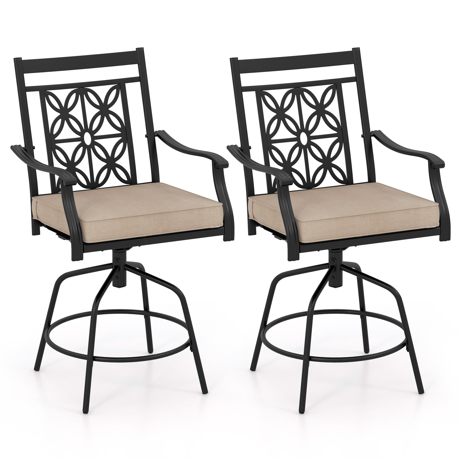 YERIVA Set of 2 Black Metal Frame Swivel Bar Stool Chair with Brown Cushioned Seat