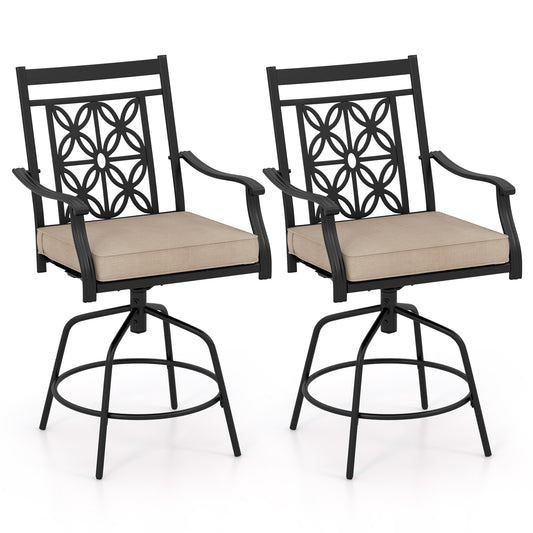 YERIVA Set of 2 Black Metal Frame Swivel Bar Stool Chair with Brown Cushioned Seat