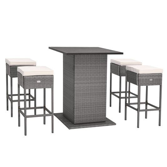 YERIVA 5 -Piece Gray Rattan Bar Height Patio Dining Set Rattan Square Table with 4 Off-white Cushions Stationary Chairs
