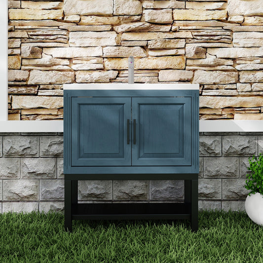 Tatayosi 32 Inch Freestanding Bathroom Vanity with White Ceramic Sink Hot and Cold Faucet 2 Storage Doors and Open Iron Shelf