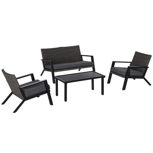 Outsunny  4 Piece Patio Furniture Set 2 PE Wicker Chairs Loveseat Sofa Outdoor Coffee Table Soft Cushions Couch  Armchairs Black