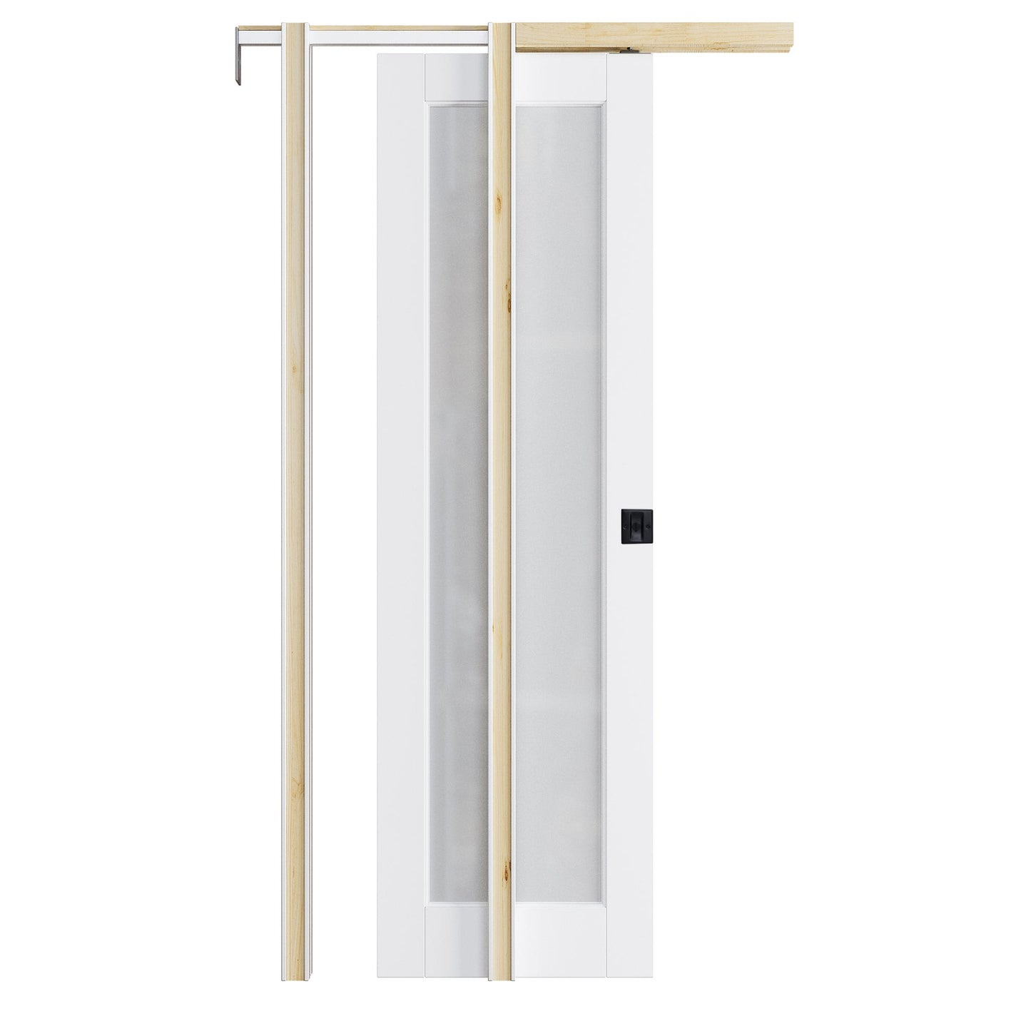 AINLARRY 24-in x 80-in Wood Pocket Door Frame with 1-Lite tempered frosted glass Pocket Sliding Door, Pocket door Black lock and Hardware Soft Close Included