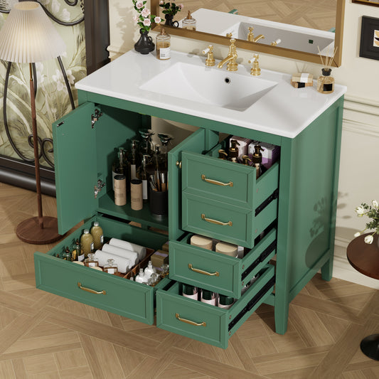Christopher Knight Home 36 Inches Bathroom Vanity with Sink  Bathroom Cabinet with Soft-Closing Door  4 Drawers of Different Sizes  Solid Wood Frame and Leg  One Package  Green