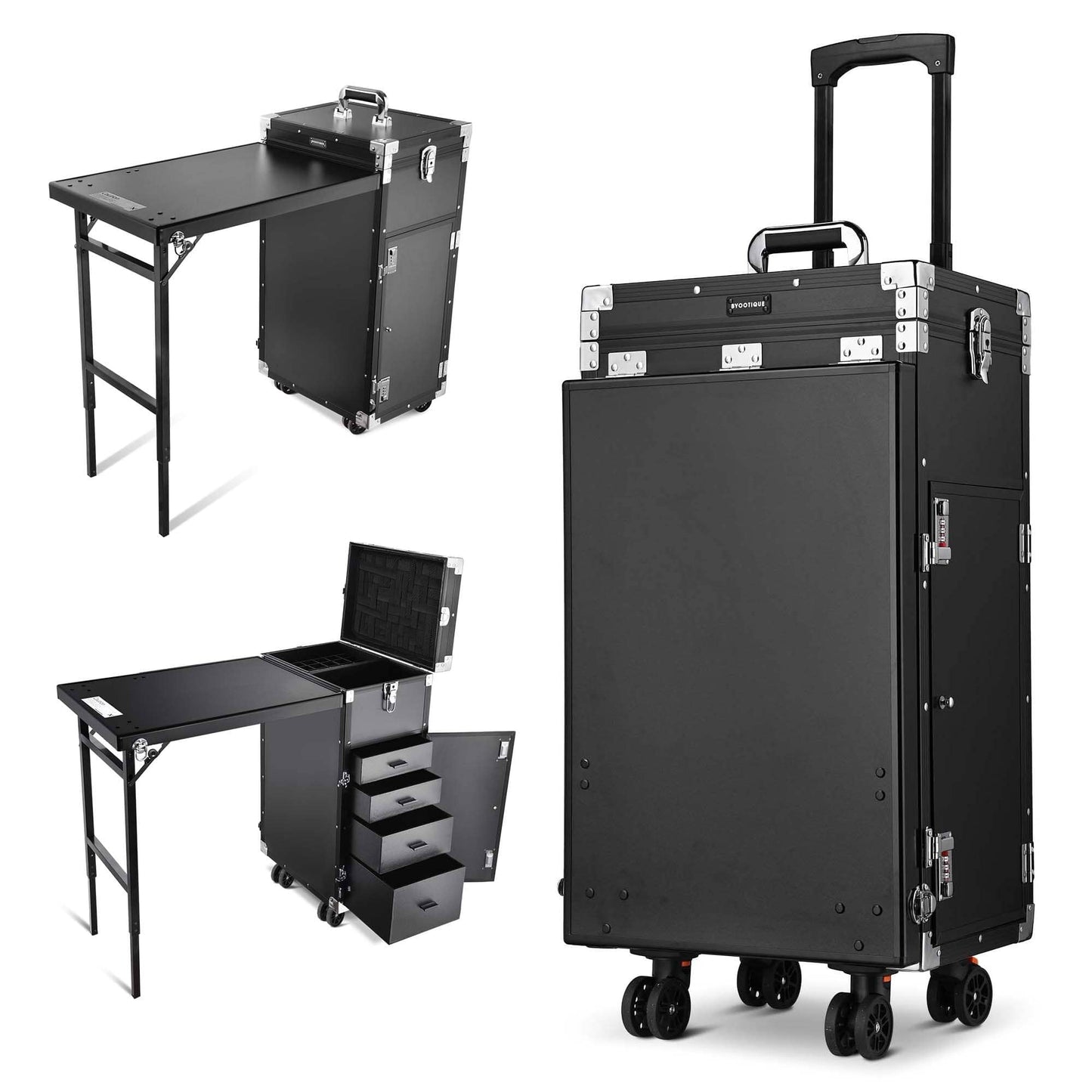 Yescom Byootique Aluminum Rolling Makeup Train Case with Table Salon Nail Trolley Cosmetic Organizer Black