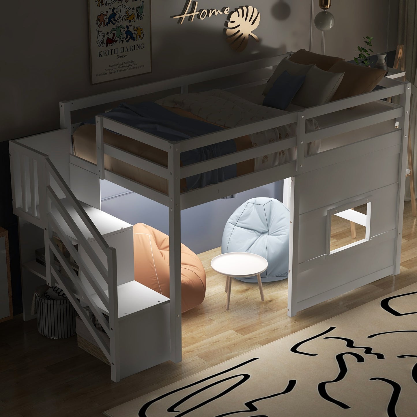 GDFStudio Loft Bed Twin Size with Storage Staircase and Window LED White