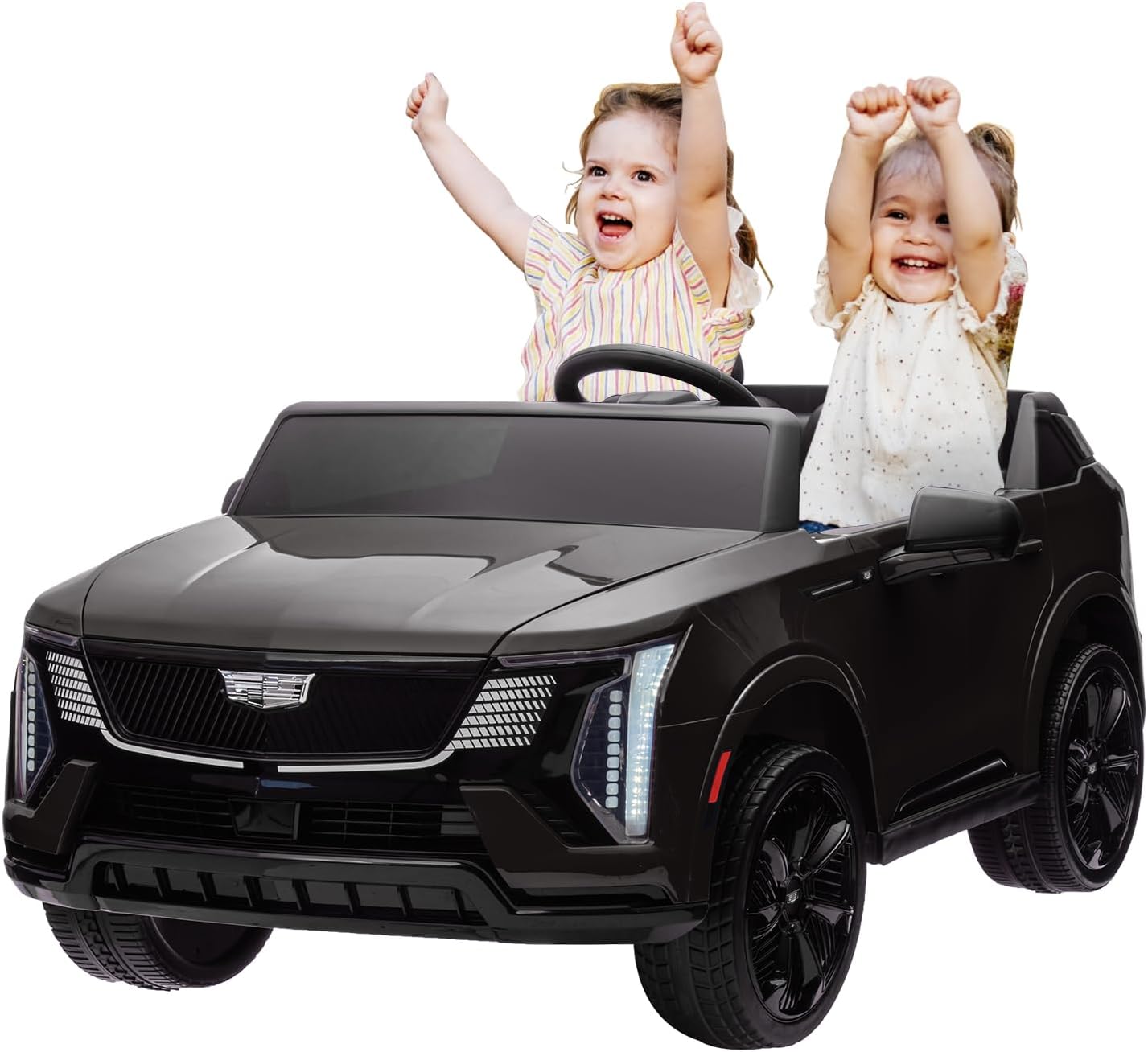 Qeetex 24V Kids Ride On Car Licensed Cadillac 2 Seater Ride On Truck Toy Battery Powered Electric Car for Toddlers with Remote Control Spring Suspension Led Lights and Music for Boys Girls (Black)