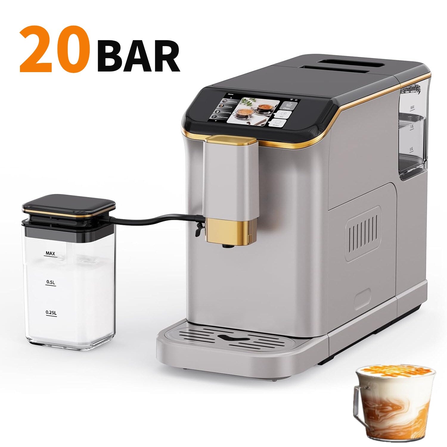 Der Rose 20 Bar Auto Espresso Machine with Grinder and Removable Water Tank for Home Office Silver/Gold