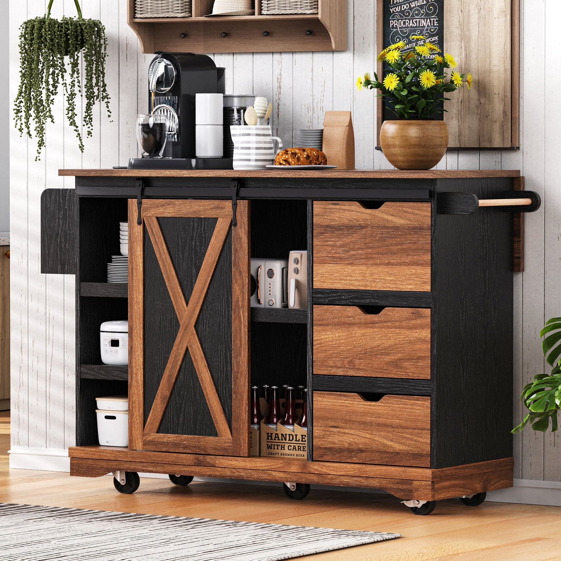 Runesay Black Wood Base with MDF Wood Top Rolling Kitchen Island ( 28.75-in x 55.5-in x 36.9-in )