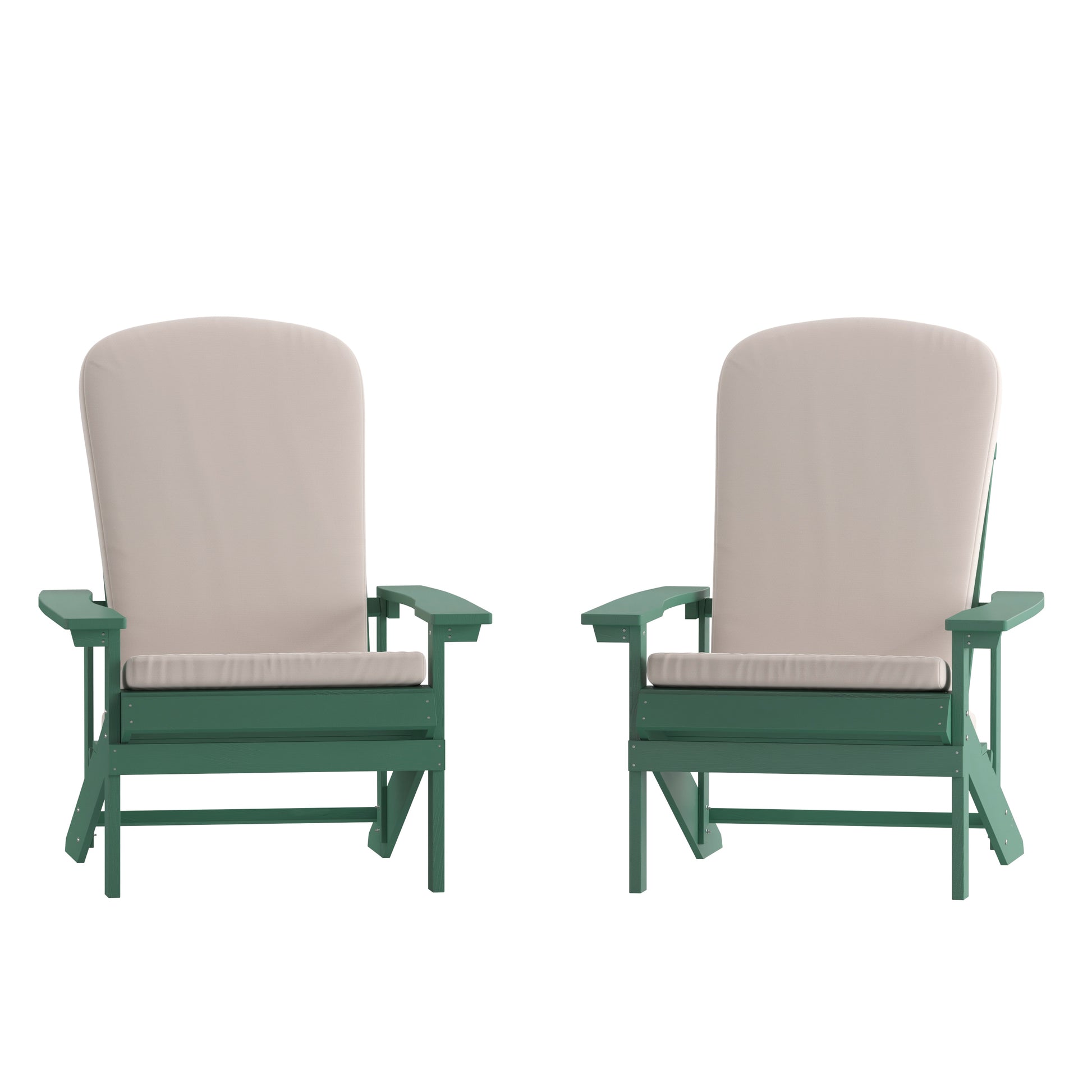 Flash Furniture Charlestown Set of 2 All-Weather Poly Resin Wood Adirondack Chairs in Green with Cream Cushions for Deck; Porch; and Patio