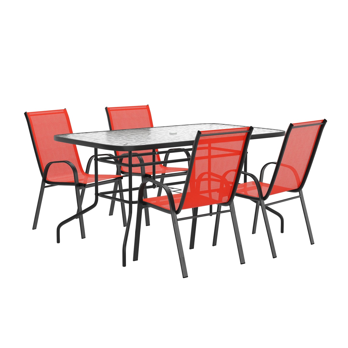 Flash Furniture Brazos 5 Piece Outdoor Patio Dining Set - 55-in Tempered Glass Patio Table with Umbrella Hole; 4 Red Flex Comfort Stack Chairs