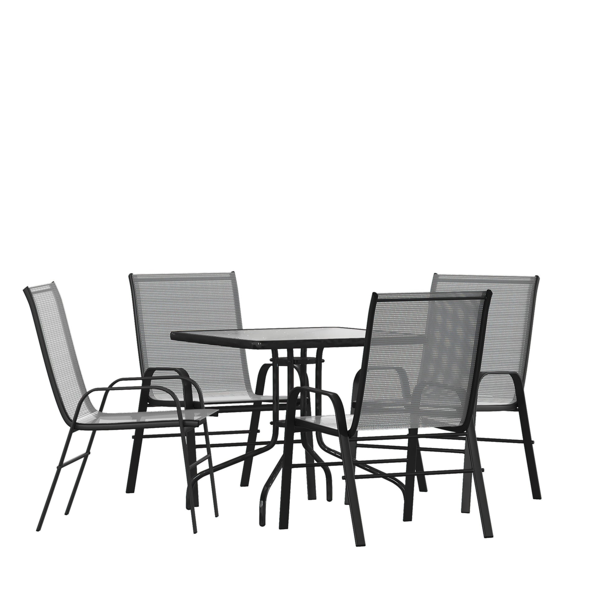 Flash Furniture Brazos 5 Piece Outdoor Patio Dining Set - 31.5-in Square Tempered Glass Patio Table; 4 Gray Flex Comfort Stack Chairs