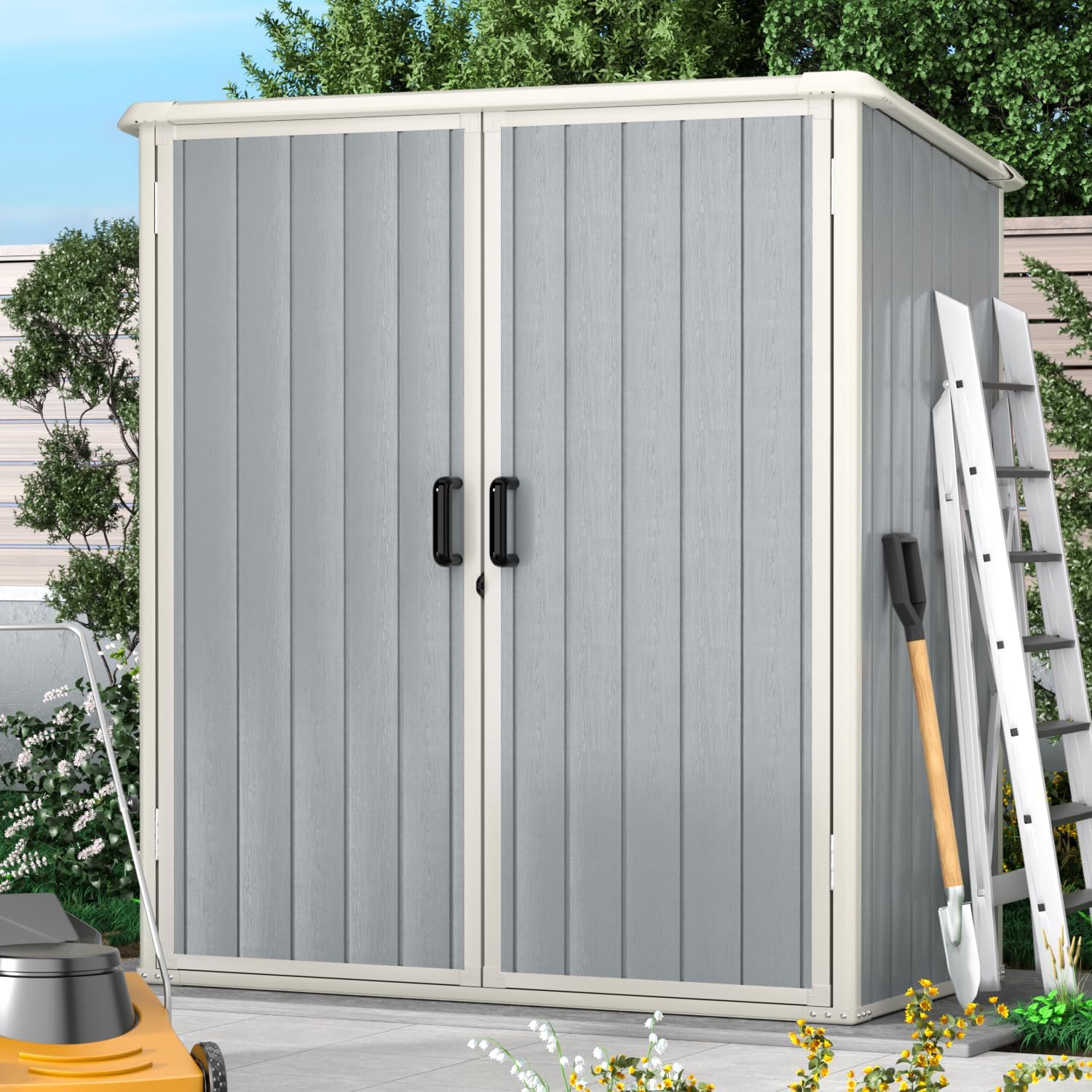 AOXUN  Outdoor Storage Shed 5 x 3FT Resin Shed with Floor and Lockable Door Plastic Sheds for Garbage Can Tool Accessories Lawn Garden