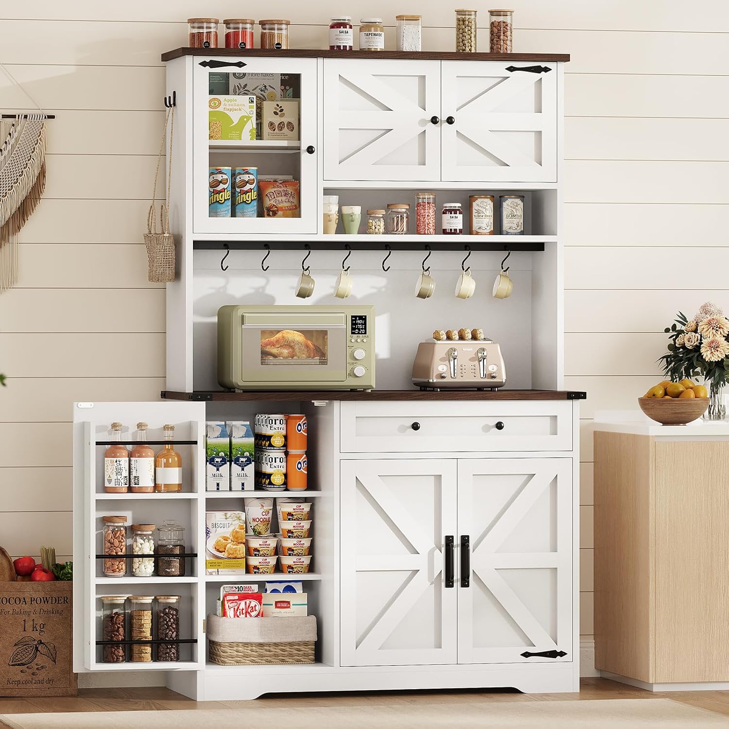 Itaar Farmhouse Kitchen Pantry Cabinet, Kitchen Cabinet with Drawer & Doors, Barn Doors Storage Cabinets with Adjustable Shelf for Dining Room, White