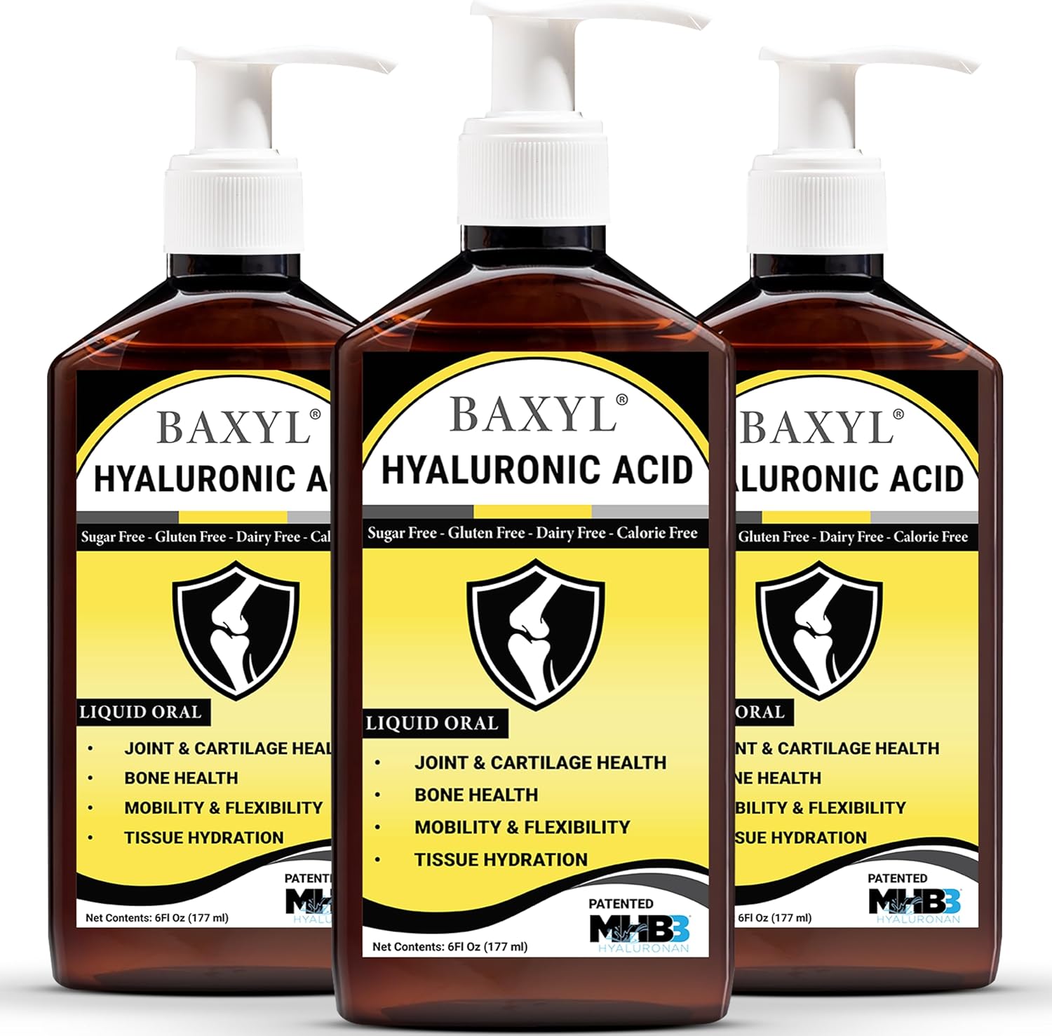 BAXYL Liquid Hyaluronic Acid Supplement - Natural Citric Acid, Potassium Sorbate Ingredients Formulated Flavorless Syrup - Provide Healthy Cartilage & Bone Formation - 3 Bottles of 6 Fl Oz