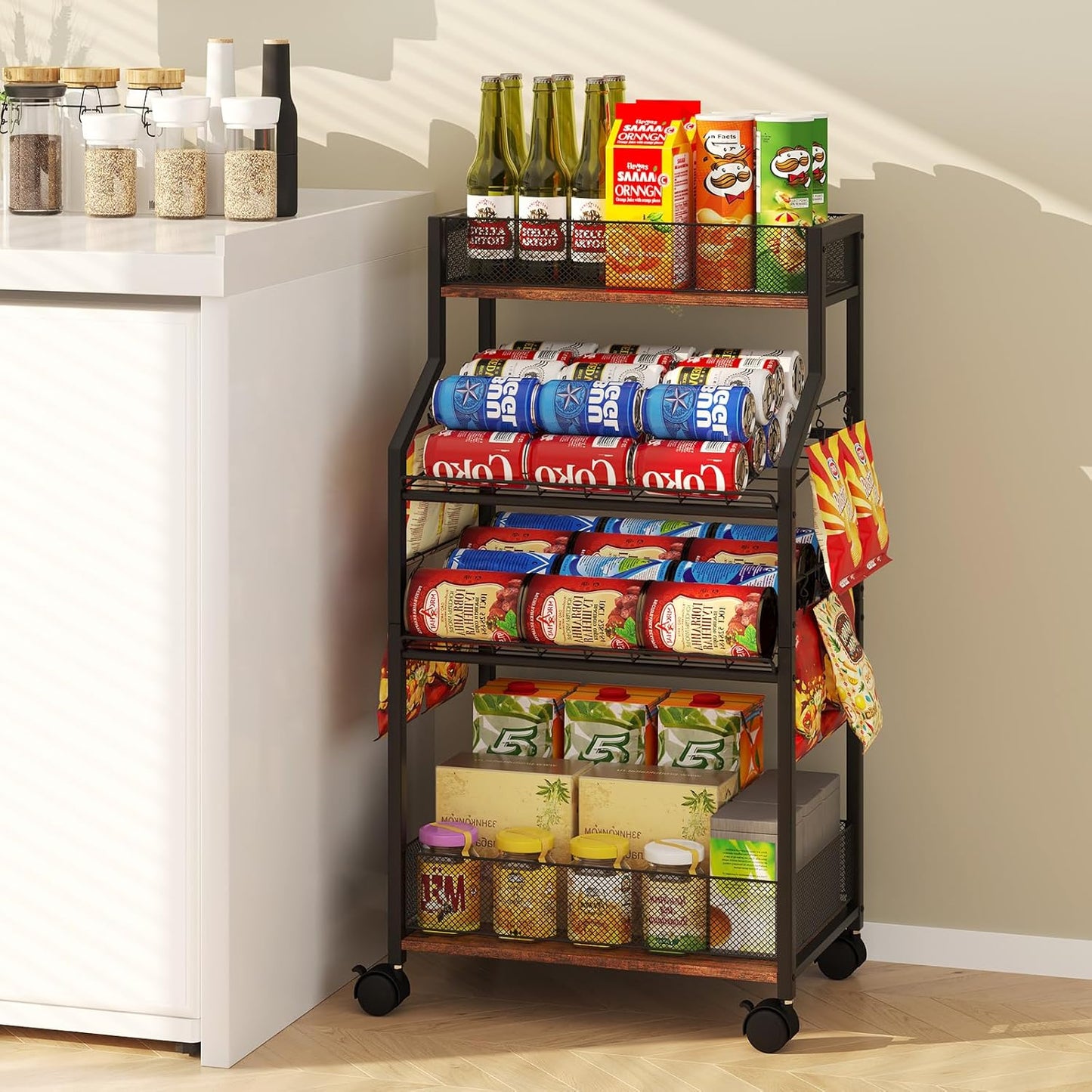 Homsorout Can Organizer for Pantry - Rolling Snack Cart, Multi-Layer Soda Can Organizer for Pantry, Mobile Beverage Storage Rack with Wheels, Versatile Metal Shelf for Kitchen and Office, Black Brown