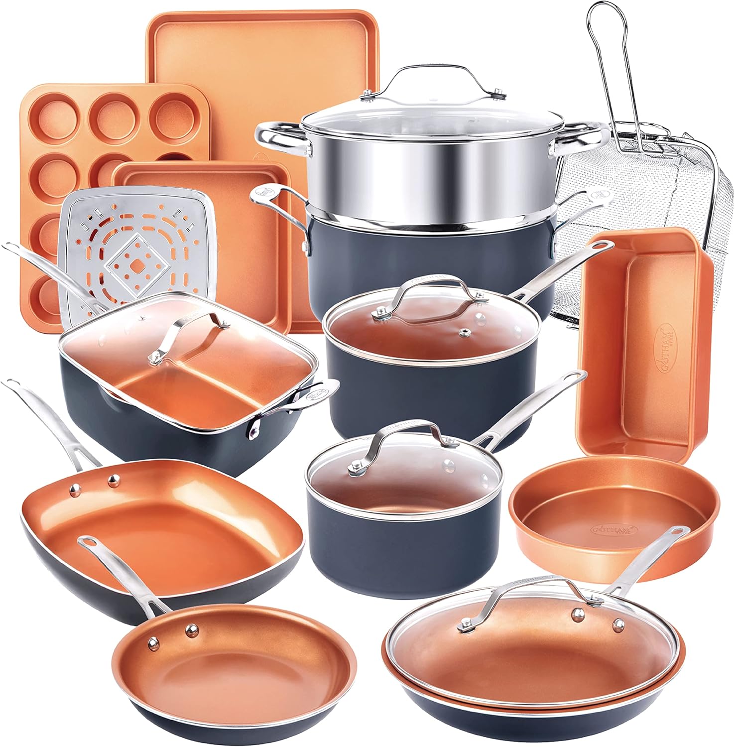 Gotham Steel True 20 Pc Ceramic Cookware Set Nonstick, Ceramic Pots and Pans Set Non Stick with Deep Square Pan Set & Bakeware Set, Non Toxic PFOA PFOS Free, Oven & Dishwasher Safe, No Cheater Pieces