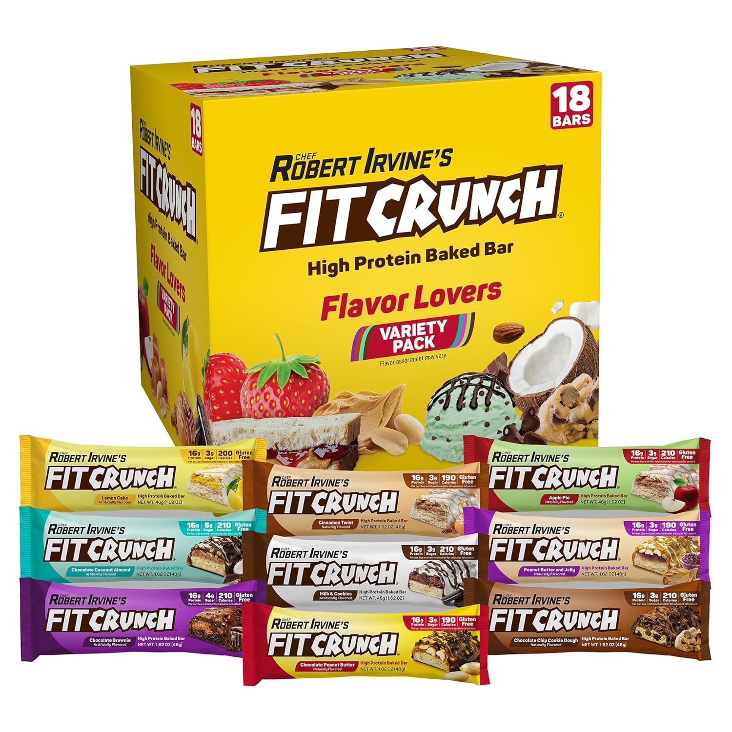 FITCRUNCH Snack Size Protein Bars, 6-Layer Baked Bar, 3g of Sugar, Gluten Free & Soft Cake Core (18 Count, Flavor Lovers)