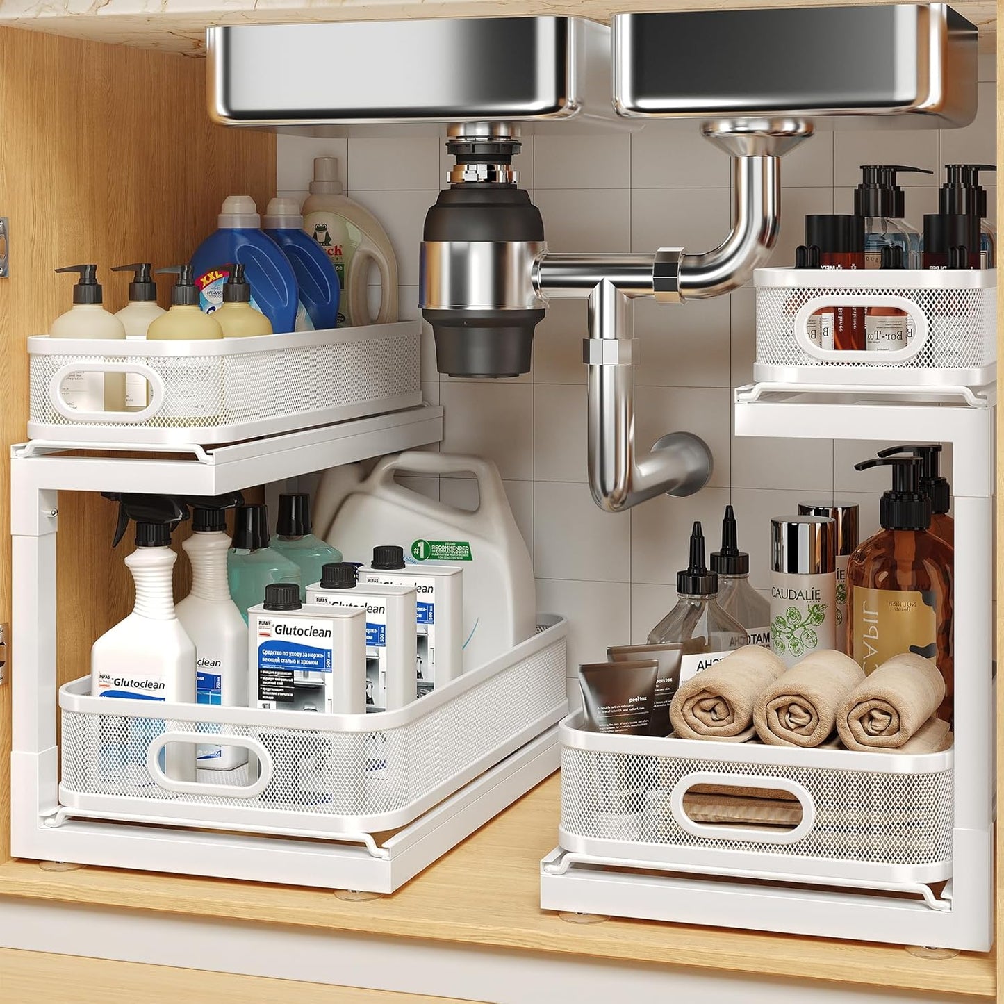 2-Pack Under Sink Storage Organizer with 2-Tier Slide Out Drawer, Sophisticated Mesh Pull Out Shelf for Kitchen & Bathroom, Fits Small Items, Upgraded Arched Track for Smooth Gliding(Patented)