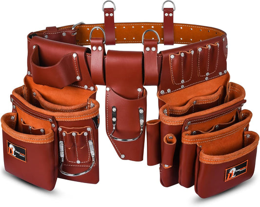 Daisy Leather PRO DL-101 Oil tanned Premium 25 pockets Heavy duty Tool Belt, Carpenter belt Pouch for Construction, Carpenter, Craftsman and Electricians workers, Black, X-Large (Cherry Leather)