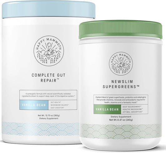 Happy Mammoth Digestive Support Bundle – Plant-Based Daily Greens + Gut-Friendly Formula – Complease Gut Repair Probiotic+ NewSlim SuperGreens with Spirulina 2-Pack