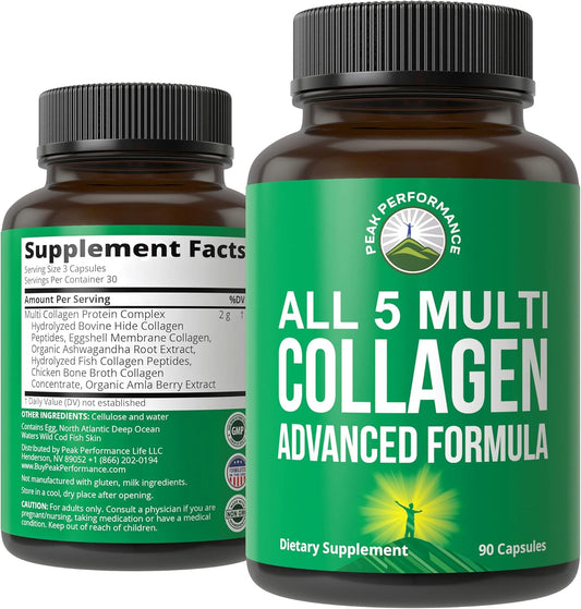 Peak Performance All 5 Multi-Collagen Capsules 90 Pills of Grass Fed Peptides Protein. with All 5 Collagen Types I, II, III,V, X. Grass Fed Beef, Fish, Chicken, Bone Broth Supplement