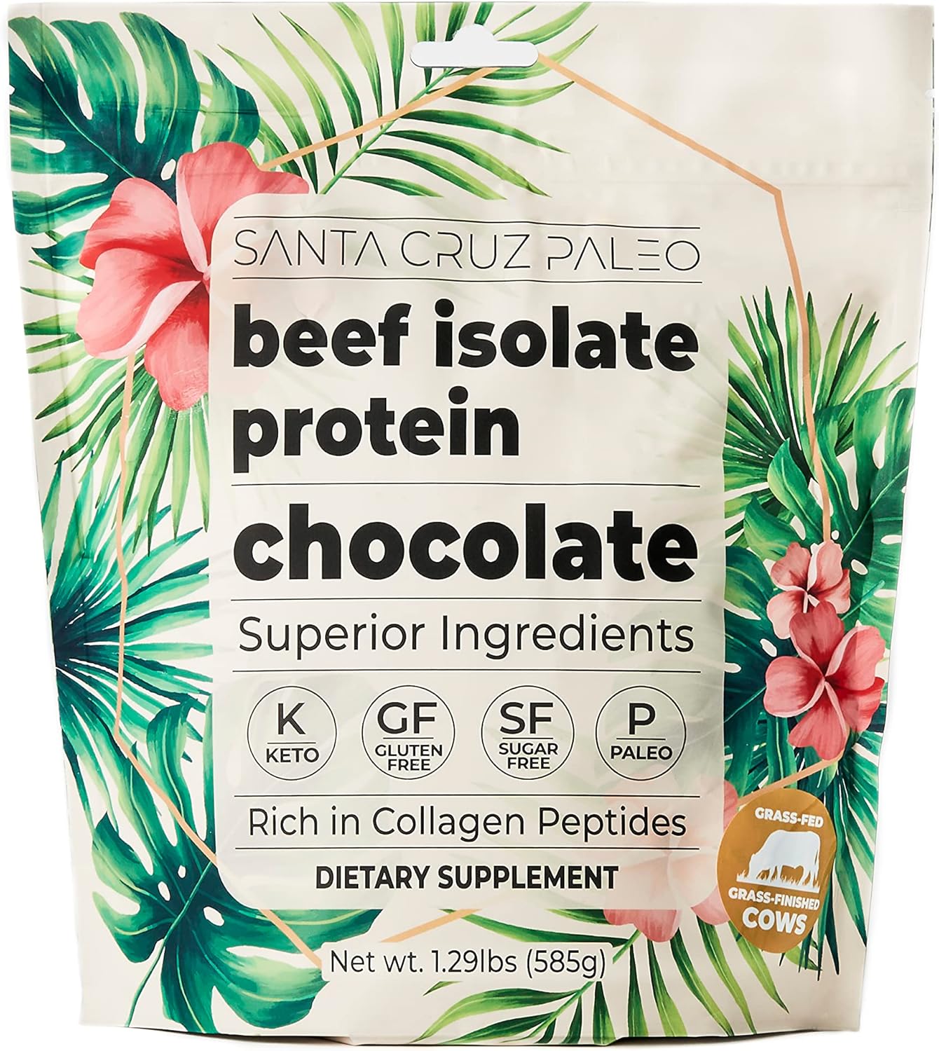 Santa Cruz Paleo Beef Isolate Protein Powder, Chocolate, Rich in Collagen Peptides, Gluten Free, Keto, Sugar Free, Paleo, 20g Grass Fed Protein Per Serving, Low Calorie Clean Protein Powder, 1.29 Lbs