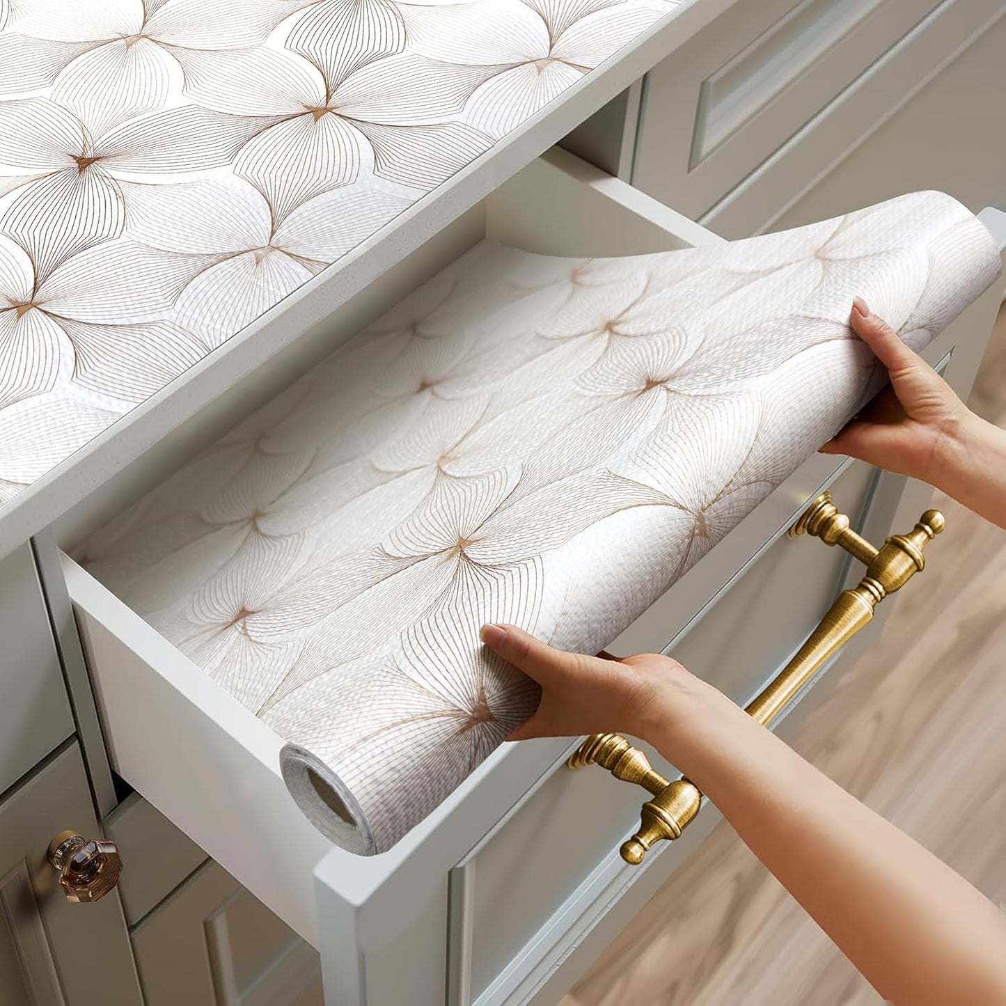 Quttisay Shelf Liner for Kitchen Cabinets,Non Adhesive Cabinet Liner,Non-Slip Drawer Liner,Waterproof Shelf Liner Easy to Clean Strong Grip Liner for Cabinets,Drawers,Cupboard，(Flower 17.3inx16.4FT)