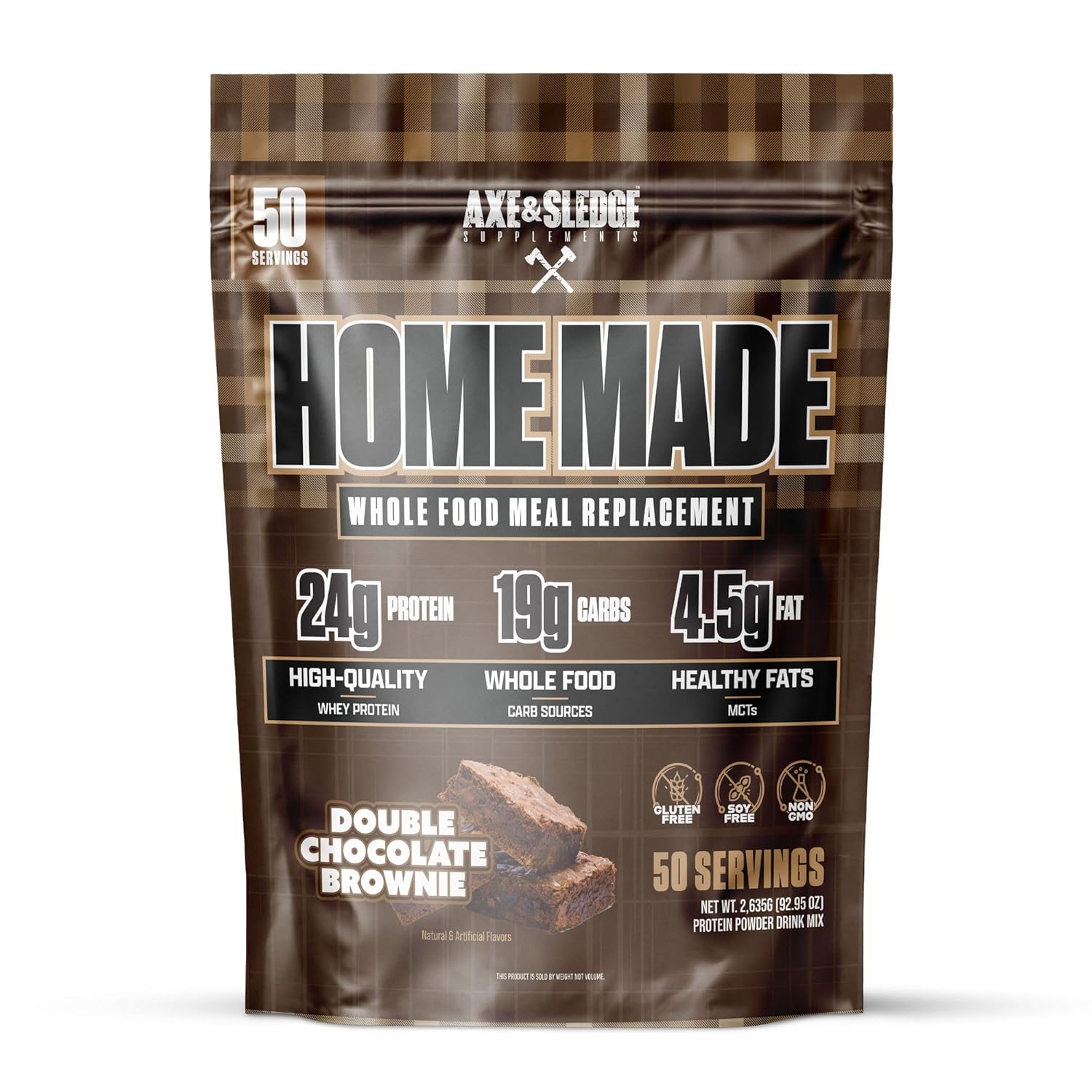 Axe & Sledge Home Made Meal Replacement Powder | 48g Protein | Digestive Enzymes & Fiber | Non-GMO, Premium Ingredients | Protein for Bulking | 25 Servings, Double Chocolate Brownie