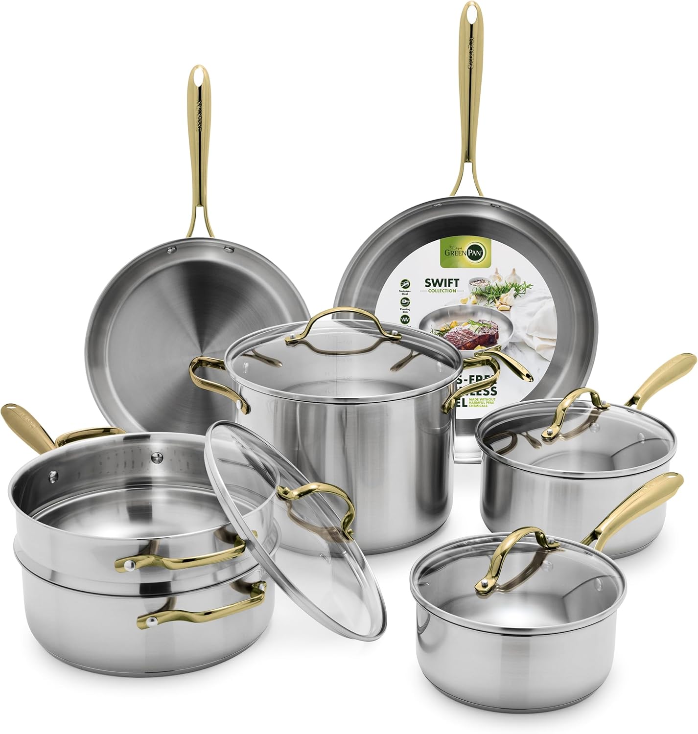 GreenPan 11 Piece Stainless Steel Cookware Set, Induction Ready, Tri-Ply Multiclad Pots & Pans with Lids, Compatible on All Cooktops, Measurement Markings, Dishwasher & Oven Safe, Swift, Gold Handles