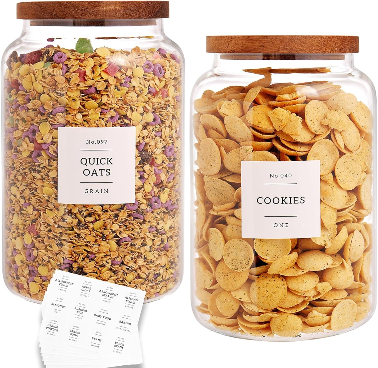 CZHQSMZ Set of 2 Large Glass Flour and Sugar Containers with 132 Pantry Labels - Glass Food Storage Jars with Airtight Bamboo Lid for Flour Pasta Candy Coffee Cookie and More(1 Gallon\/4000 ml)