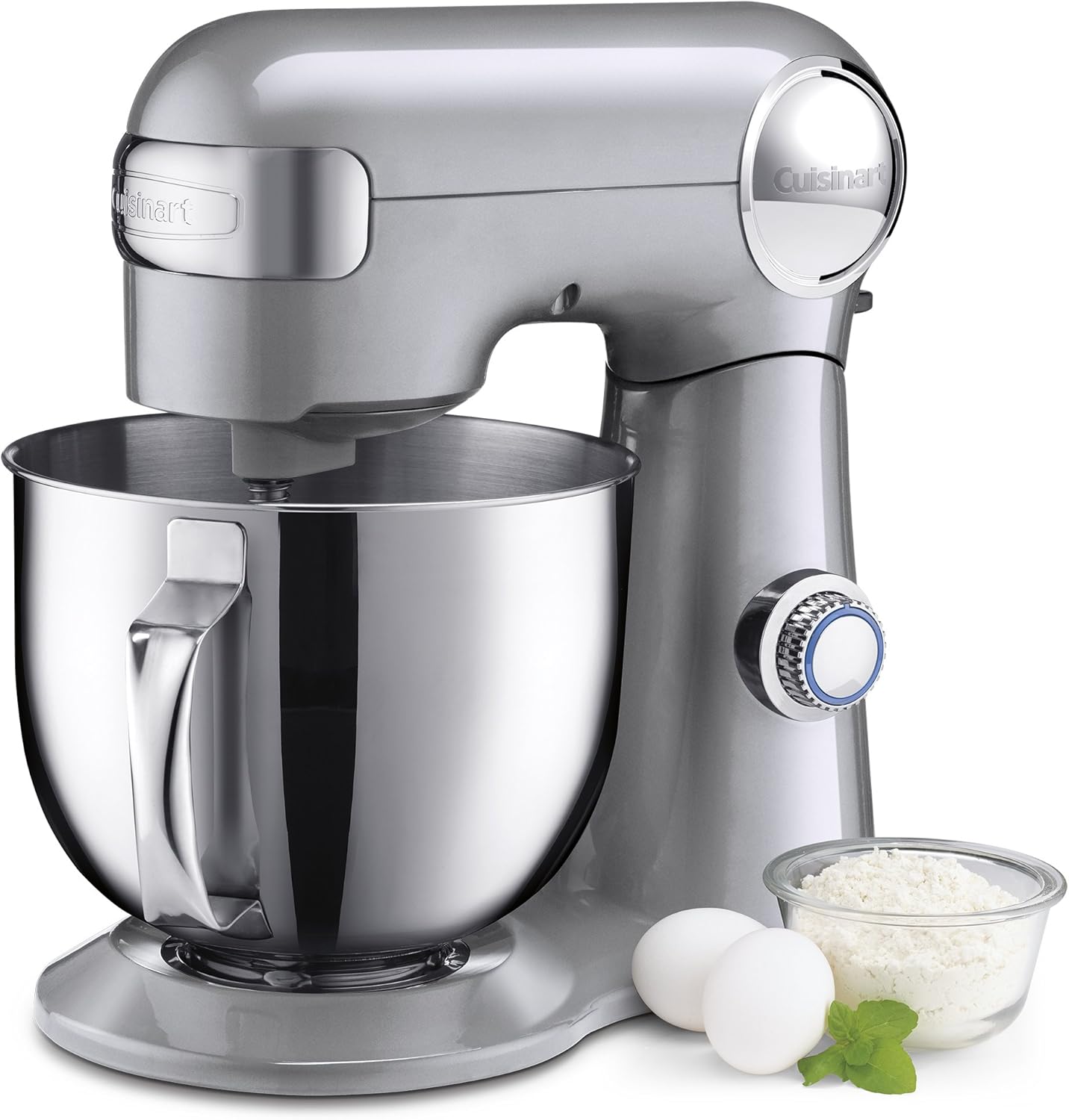 Cuisinart Stand Mixer, 12 Speeds, 5.5-Quart Mixing Bowl, Chef's Whisk, Flat Mixing Paddle, Dough Hook, and Splash Guard with Pour Spout, Silver Lining, SM-50BC, Silver Lining