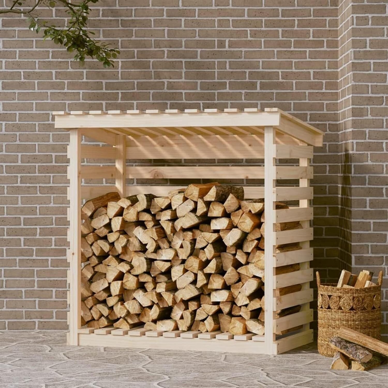 Firewood Rack 108x73x108 Cm Solid Pine Wood Log Storage Rack With Ventilated Metal Base For Indoor & Outdoor