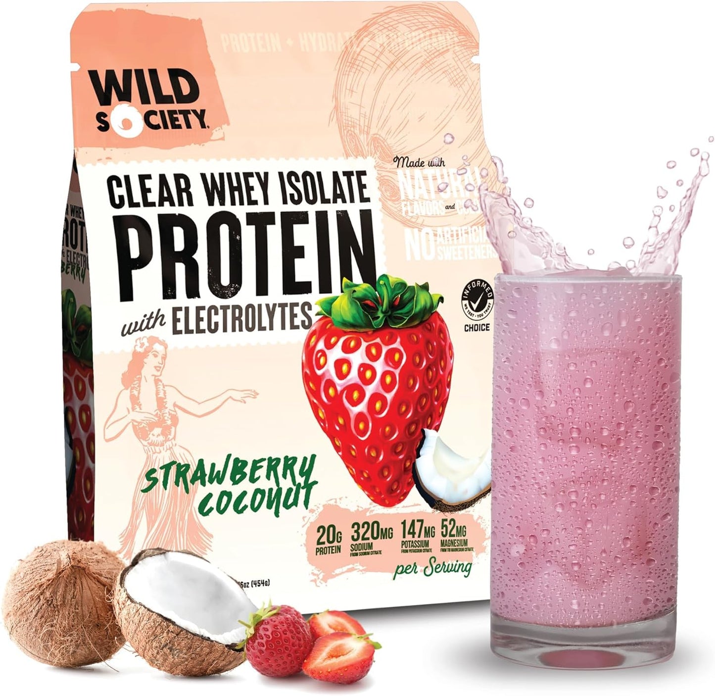 WILD SOCIETY - Premium Clear Protein Powder + Electrolytes - Refreshing Clear Whey Protein Isolate Drink - 20g Protein, 0 Added Sugar, GMO-Free, Natural Flavors & Colors - Strawberry Coconut, 16 oz