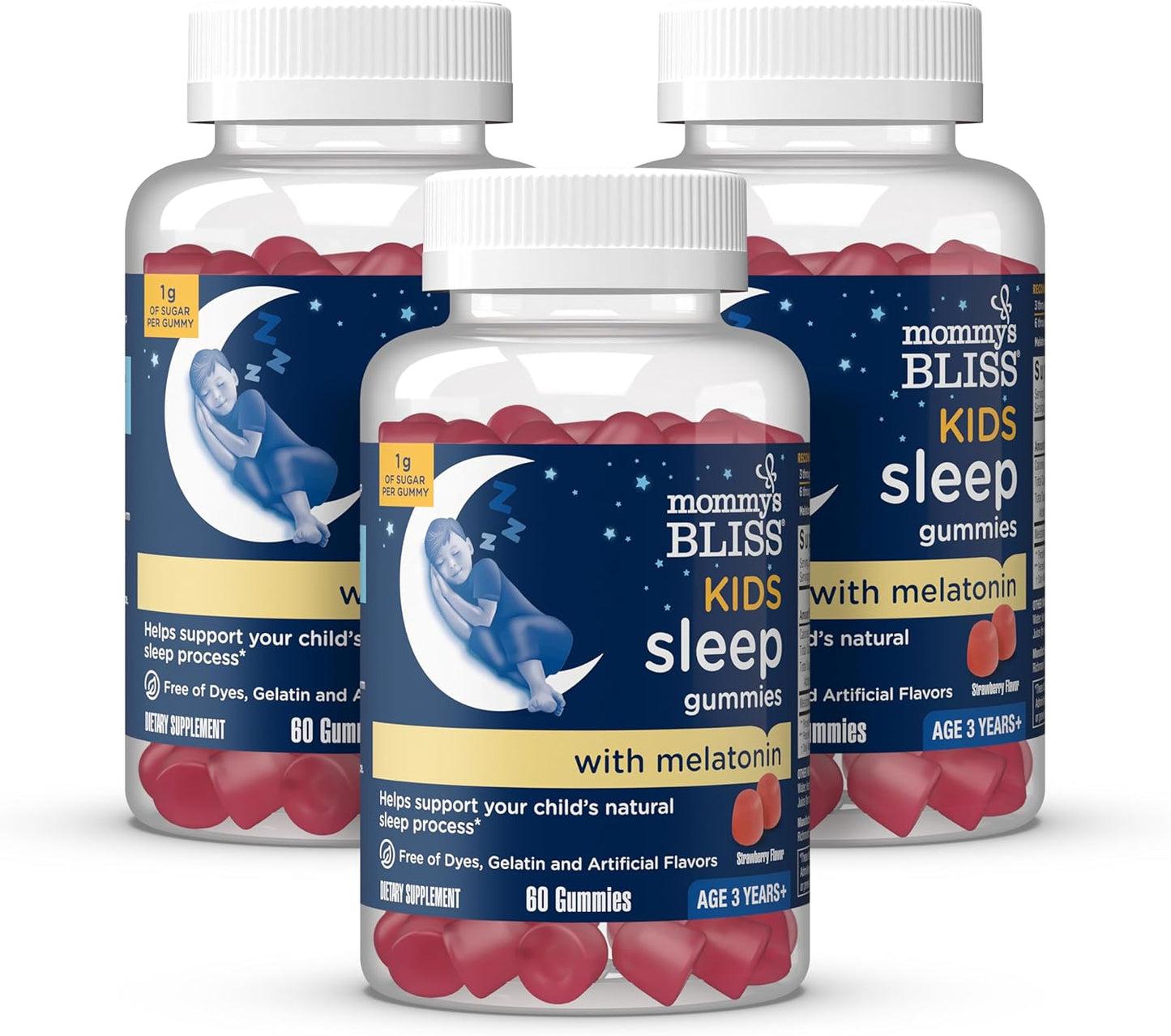 Mommy's Bliss Kids Sleep Gummies with Melatonin, Support Your Natural Sleep Process, Age 3 Years to Adults, Strawberry Flavor, 1G of Sugar, 60 Gummies (Pack of 3)