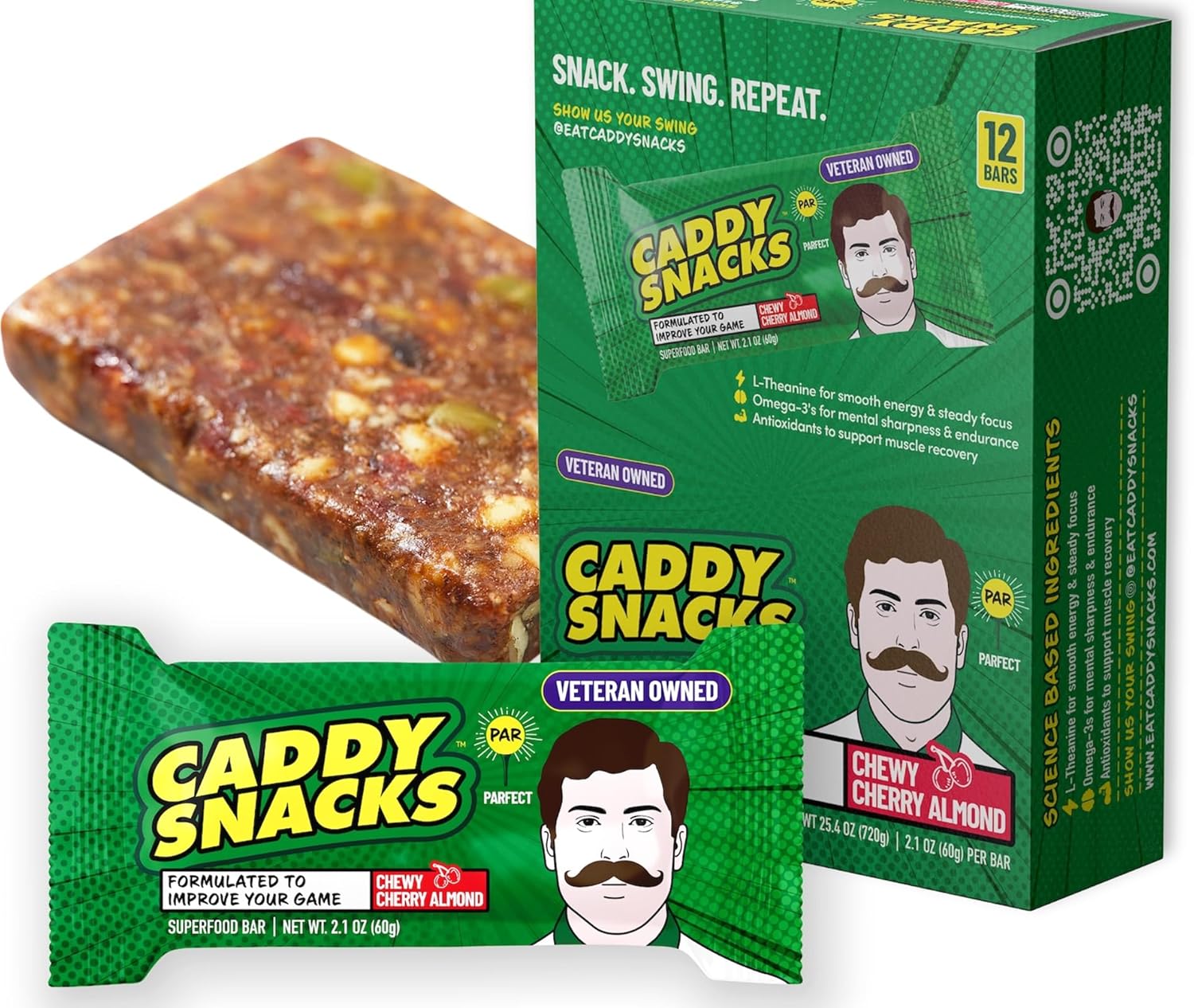 Caddy Snacks Chewy Cherry Almond – Healthy Snack Bars | Low Sugar | Vegan | Gluten Free | On-the-Go Golf Snack | 2.1 oz Bars, 12 Count