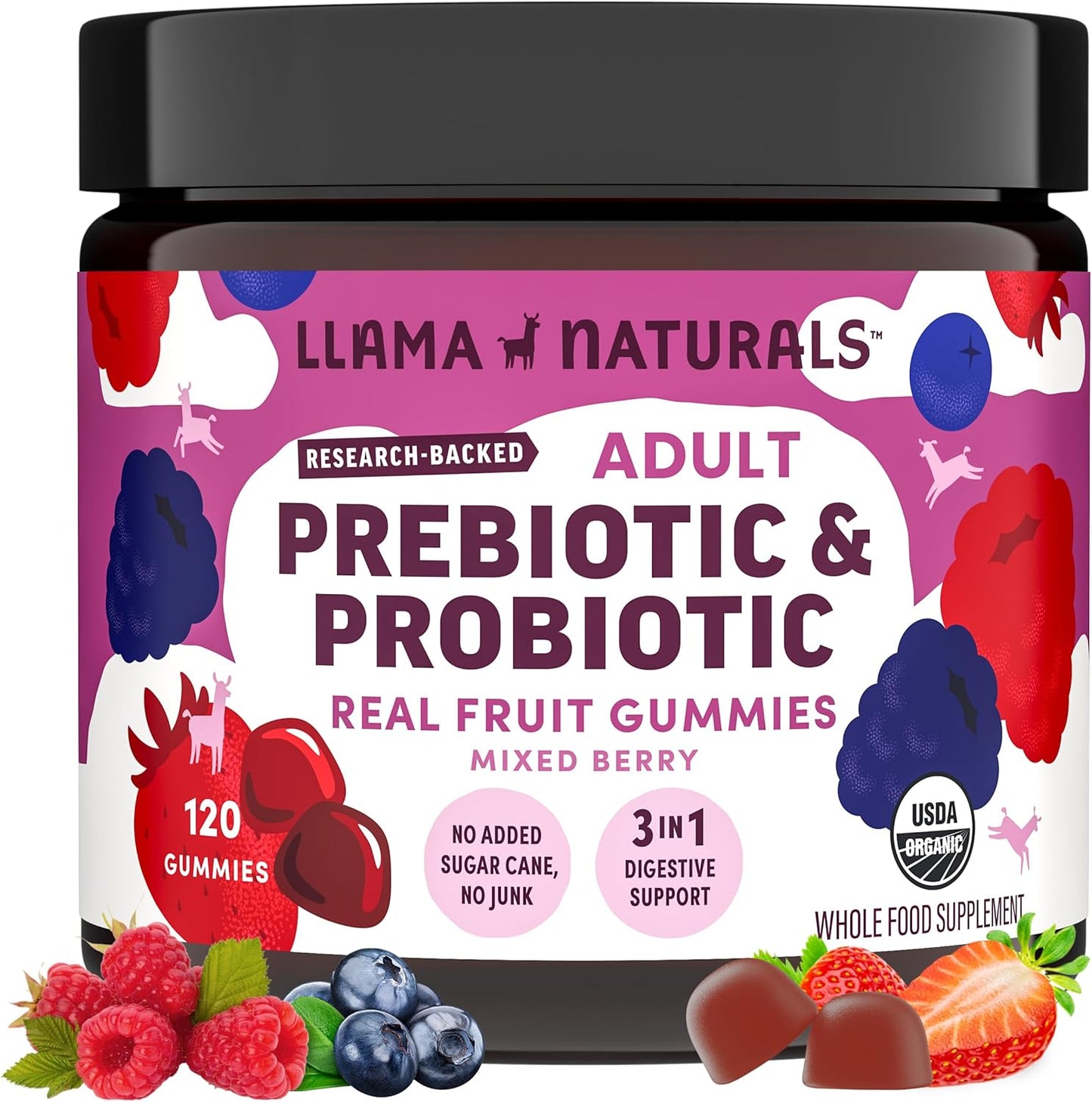 Llama Naturals Probiotics for Women and Men with Prebiotic Fiber, Vegan, Organic, Probiotic Gummies for Gut Health Support, Adults Real Fruit Gummy Vitamins, No Added Sugar Cane, Mixed Berry, 120 Ct